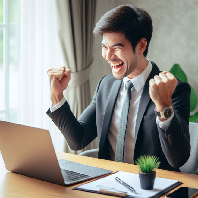The Growth of Online Slot Gambling in Indonesia and Its Financial Implications A businessman beaming with excitement sits at his desk with a laptop open celebrating a recent victory or win - The Growth of Online Slot Gambling in Indonesia and Its Financial Implications