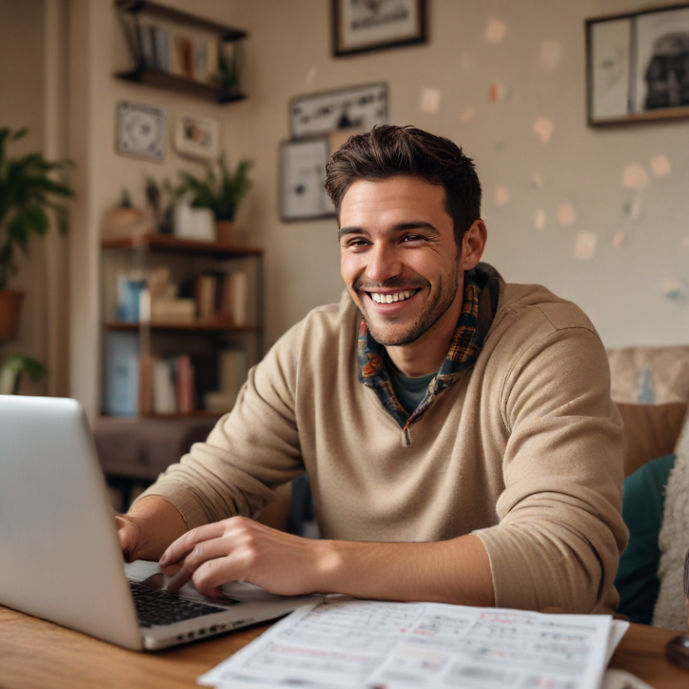 5 Smart Ways Recommended Baccarat Sites Can Boost Your Financial Wins A man sits in a cozy living room smiling at his laptop screen with joy as if hes won a game with a few betting notes beside him - 5 Smart Ways Recommended Baccarat Sites Can Boost Your Financial Wins