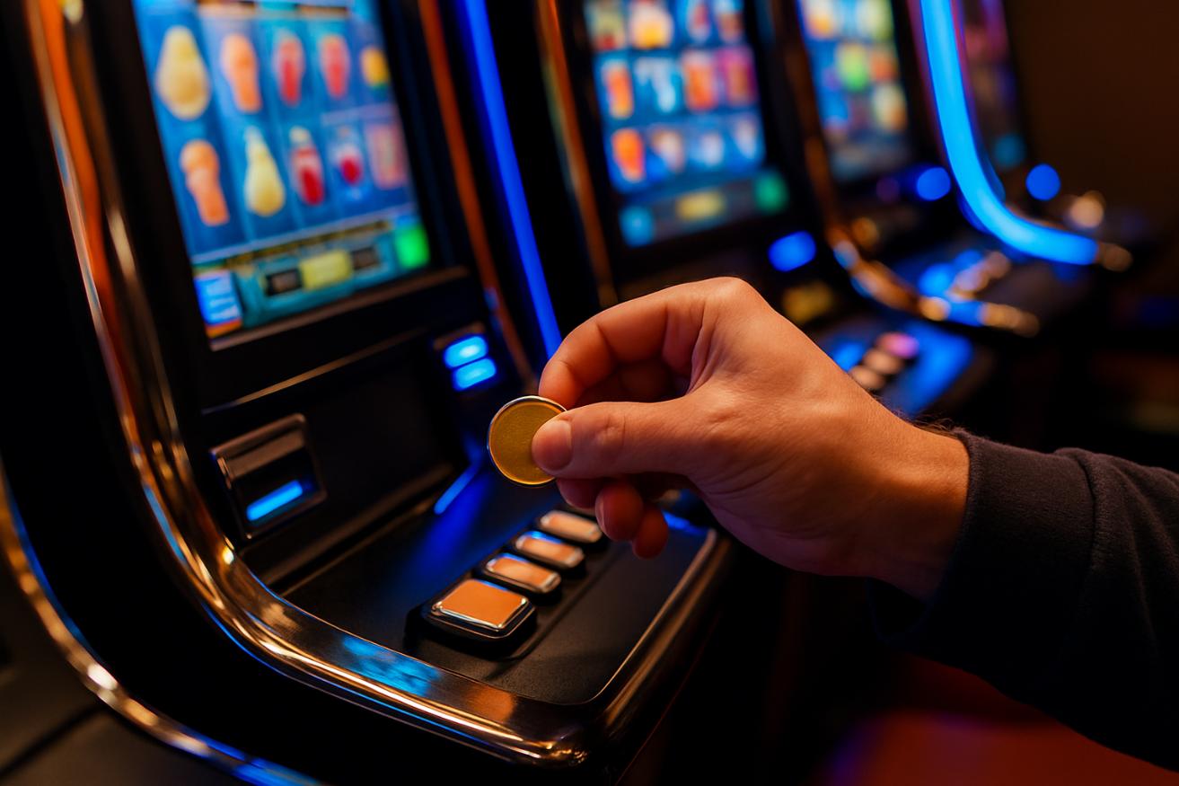 5 Smart Financial Perks of Playing High-RTP Slot Games on StateObserver.com Hand inserting coin into glowing slot machine with colorful game screens - 5 Smart Financial Perks of Playing High-RTP Slot Games on StateObserver.com