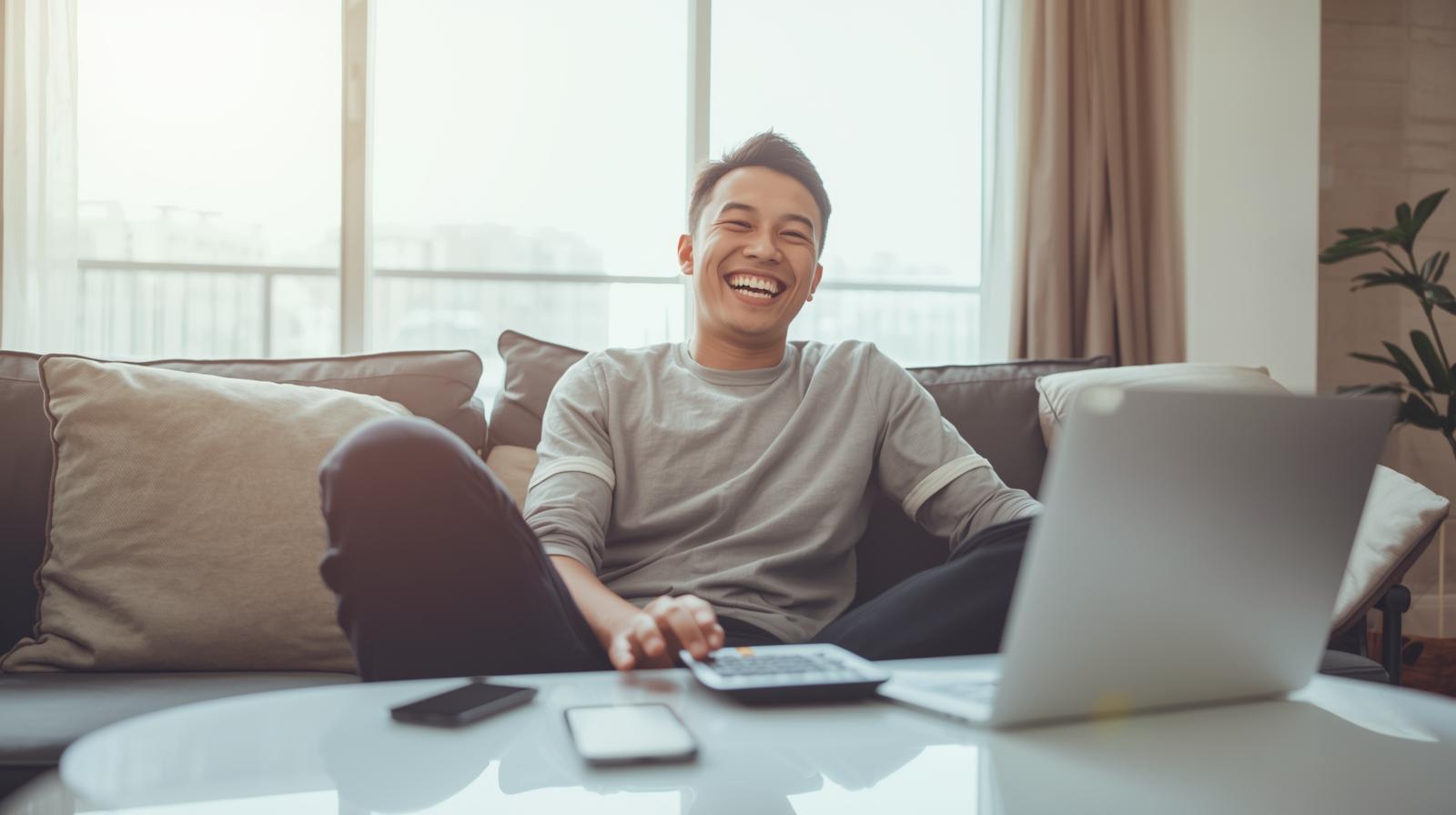 Mastering the Money Game Behind Malaysia Slots Smiling Malaysian man laughs while budgeting for gaming in a sunny living room - Mastering the Money Game Behind Malaysia Slots