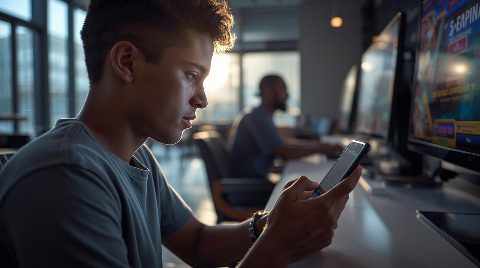 Young professional explores digital gaming trends while relaxing inside bright modern cafe - Young Investors Turn Toward Digital Risk Culture Through the Rise of Rooli Casino